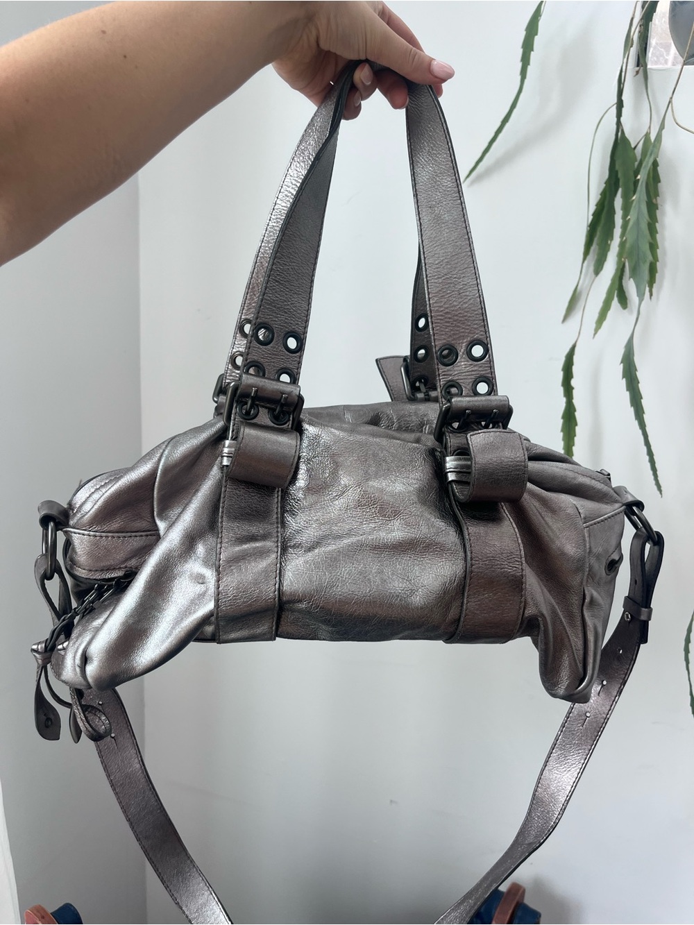 Vintage Y2K Francesco Biasia Silver/Pewter Metallic Leather Purse Shoulder Bag